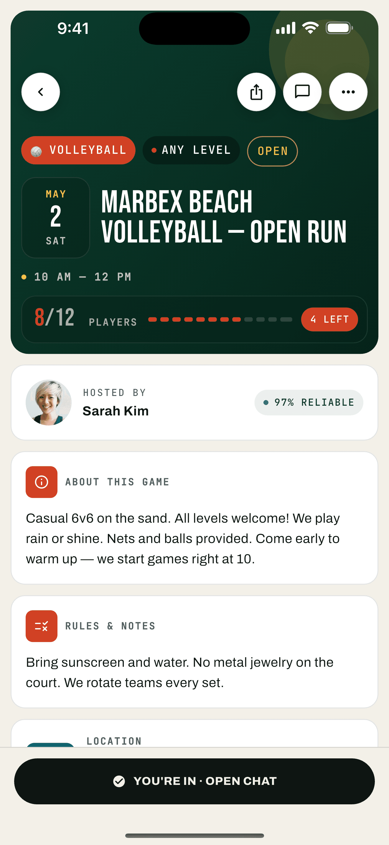 TapNGame game detail screen showing players, skill level, and join button